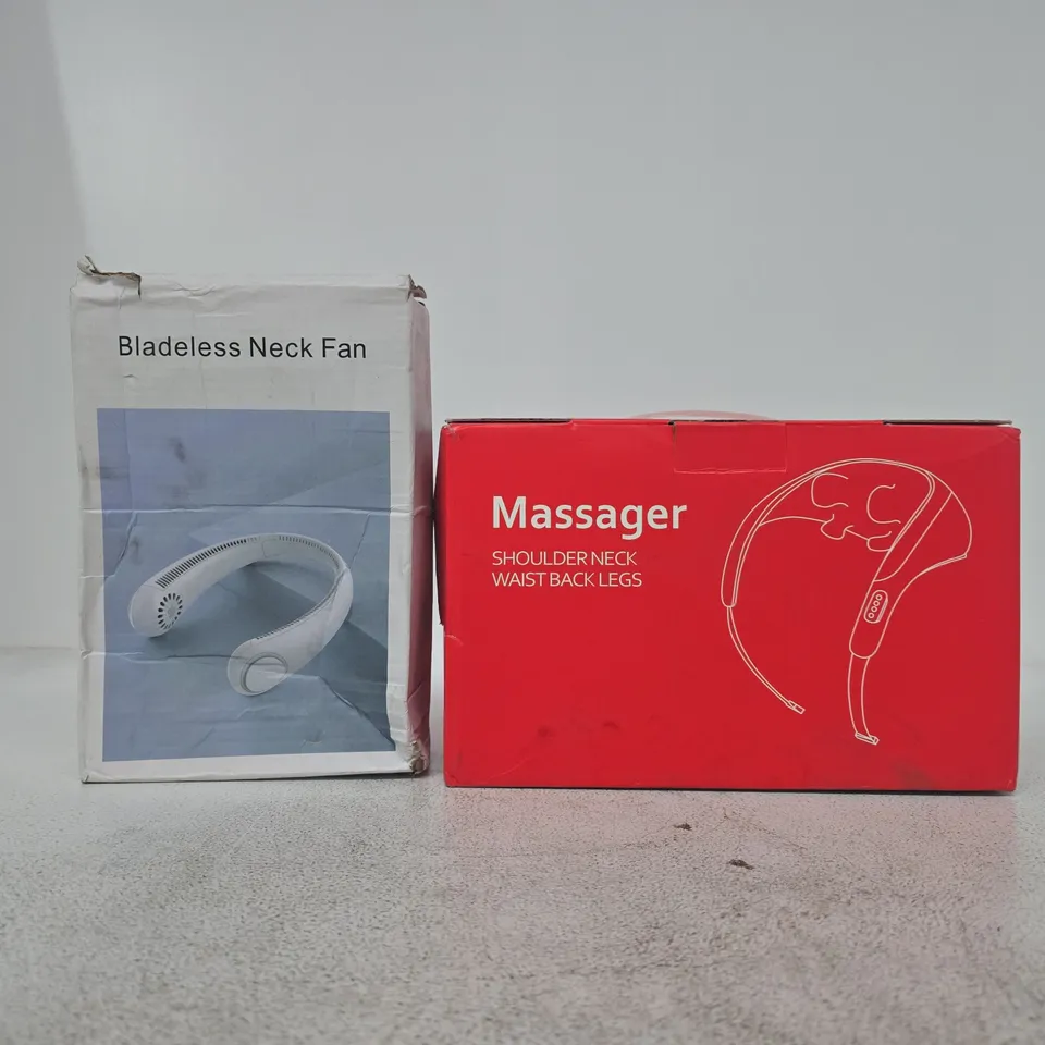 BOX OF APPROXIMATELY 10 ASSORTED HOUSEHOLD ITEMS TO INCLUDE BLADELESS NECK FAN, MASSAGER, ETC