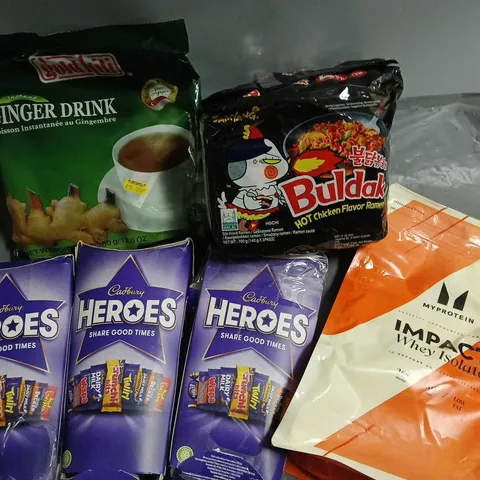 LOT OF 6 ASSORTED FOOD AND DRINK ITEMS TO INCLUDE BULDAK NOODLE, CADBURYS HEROES AND IMPACT WHEY ISOLATE