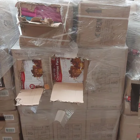 PALLET CONTAINING A VERY LARGE QUANTITY OF ASSORTED ITEMS INCLUDING: LIGHT UP CHRISTMAS PARCELS, BUBBLE TOYS, LED CHRISTMAS TREE SKIRTS ECT