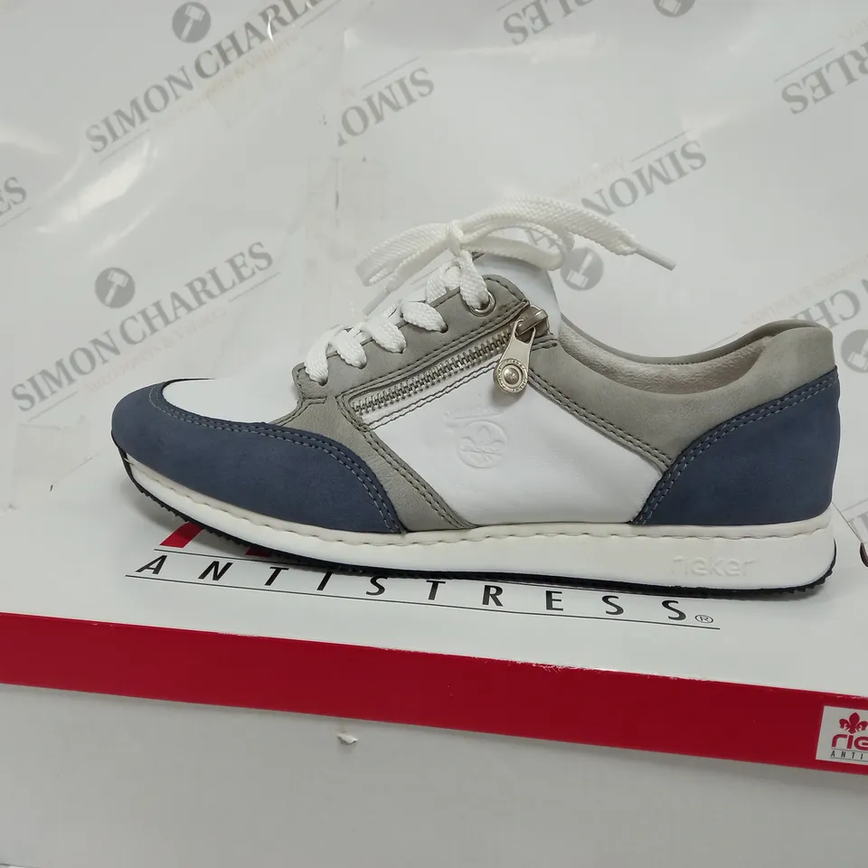 BOXED PAIR OF RIEKER SNEAKERS WITH REMOVABLE INSOLE COMBINATION BLUE UK SIZE 6.5