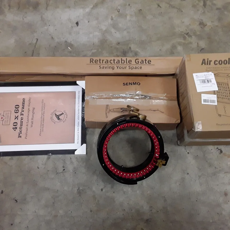 PALLET CONTAINING ASSORTED HOUSEHOLD PRODUCTS INCLUDING RETRACTABLE GATE, 40×60 PICTURE FRAME, STEAM MOP CLEANER, AIR COOLER & KNITTING MACHINE