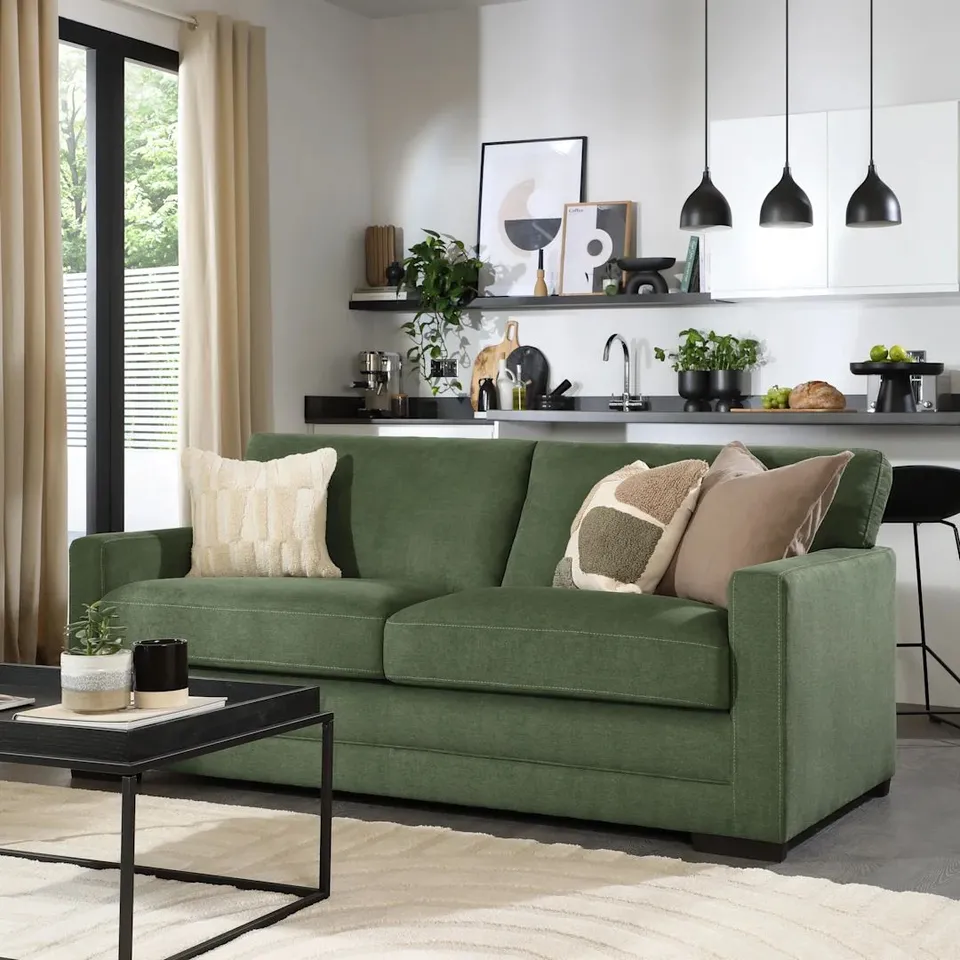 BOXED ARDEN 3 SEATER SOFA, MOSS GREEN HOUSE PLUSH FABRIC