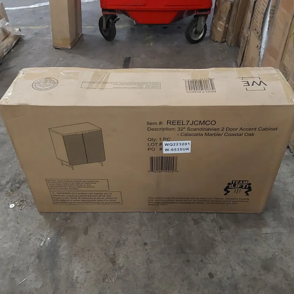 BOXED 32" SCANDINAVIAN 2 DOOR ACCENT CABINET - CALACATTA MARBLE/COASTAL OAK (1 BOX)