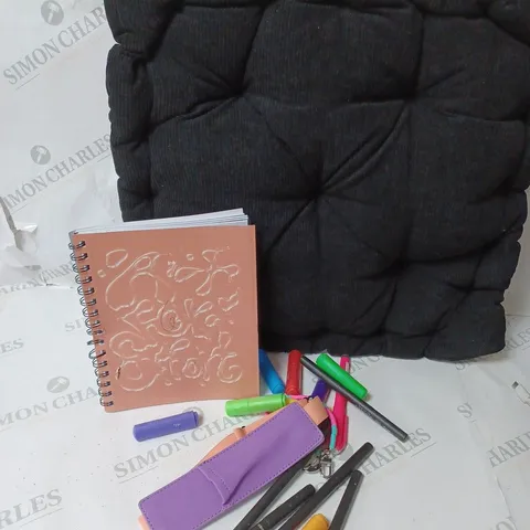 APPROXIMATELY 4 COTTON ON ITEMS INCLUDING BLACK FLOOR CUSHIONS, PINK NOTEBOOK, PEN HOLDER