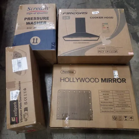 PALLET CONTAINING ASSORTED PRODUCTS INCLUDING COOKER HOOD, HOLLYWOOD MIRROR, VIBRATION PLATE EXERCISE MACHINE & PRESSURE WASHER