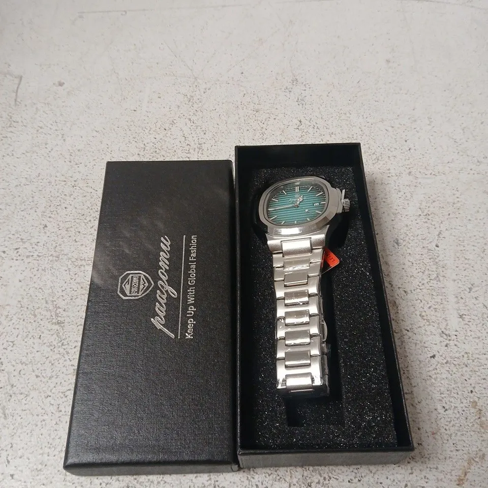 PAAGOMU WRISTWATCH STAINLESS STEEL , TURQUOISE DIAL (BOXED)