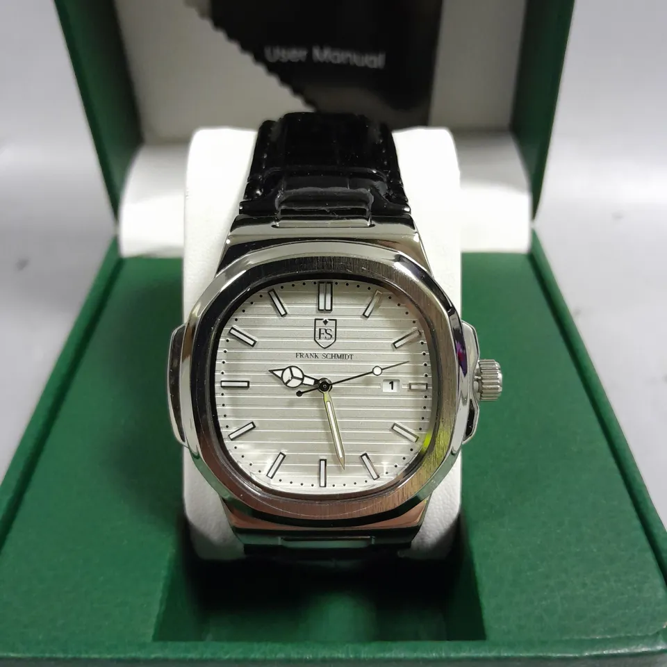 BOXED FRANK SCHMIDT TEXTURED DIAL WITH DATE & LEATHER STRAP WATCH