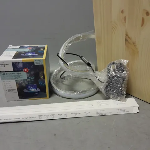 BOX OF APPROXIMATELY 8 ASSORTED ITEMS TO INCLUDE - LED PROJECTOR LIGHT , WOODEN TRUNK , LED CABINET LIGHT ETC