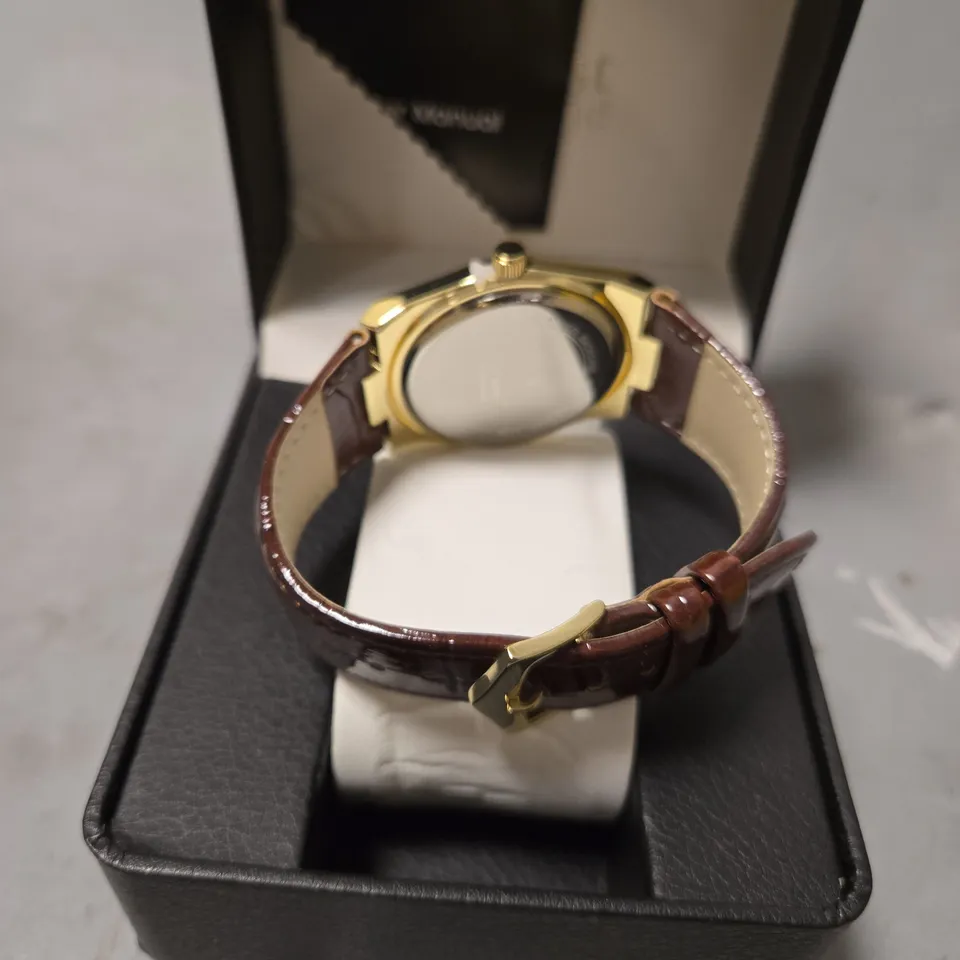 BOXED ERNEST FERDINAND MENS GOLD DIAL BROWN LEATHER STRAP WATCH