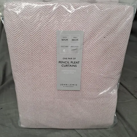 JOHN LEWIS PENCIL PLEAT CURTAINS - HERRINGBONE ROSA PINK - 167CM X 182CM