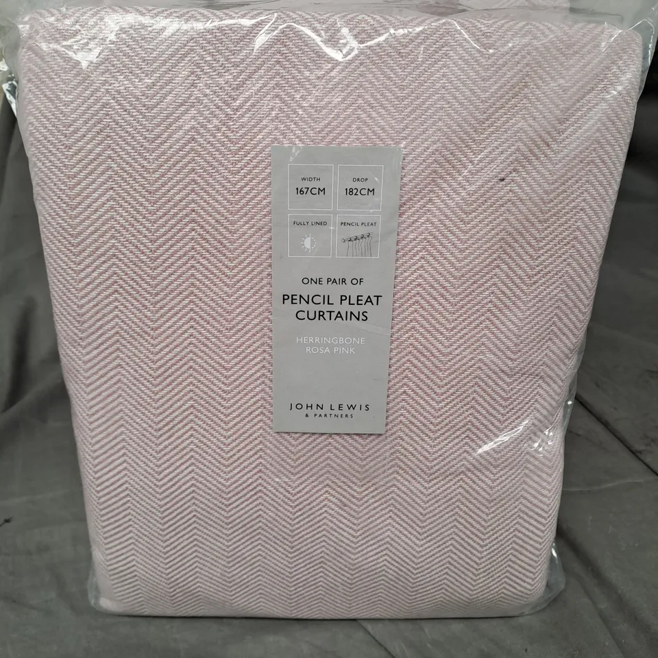 JOHN LEWIS PENCIL PLEAT CURTAINS - HERRINGBONE ROSA PINK - 167CM X 182CM
