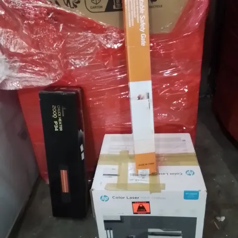 PALLET OF ASSORTED HOUSEHOLD GOODS AND PRODUCTS TO INCLUDE;LASER PRINTER,RETRACTABLE SAFETY GATE,CHUCK HEATER