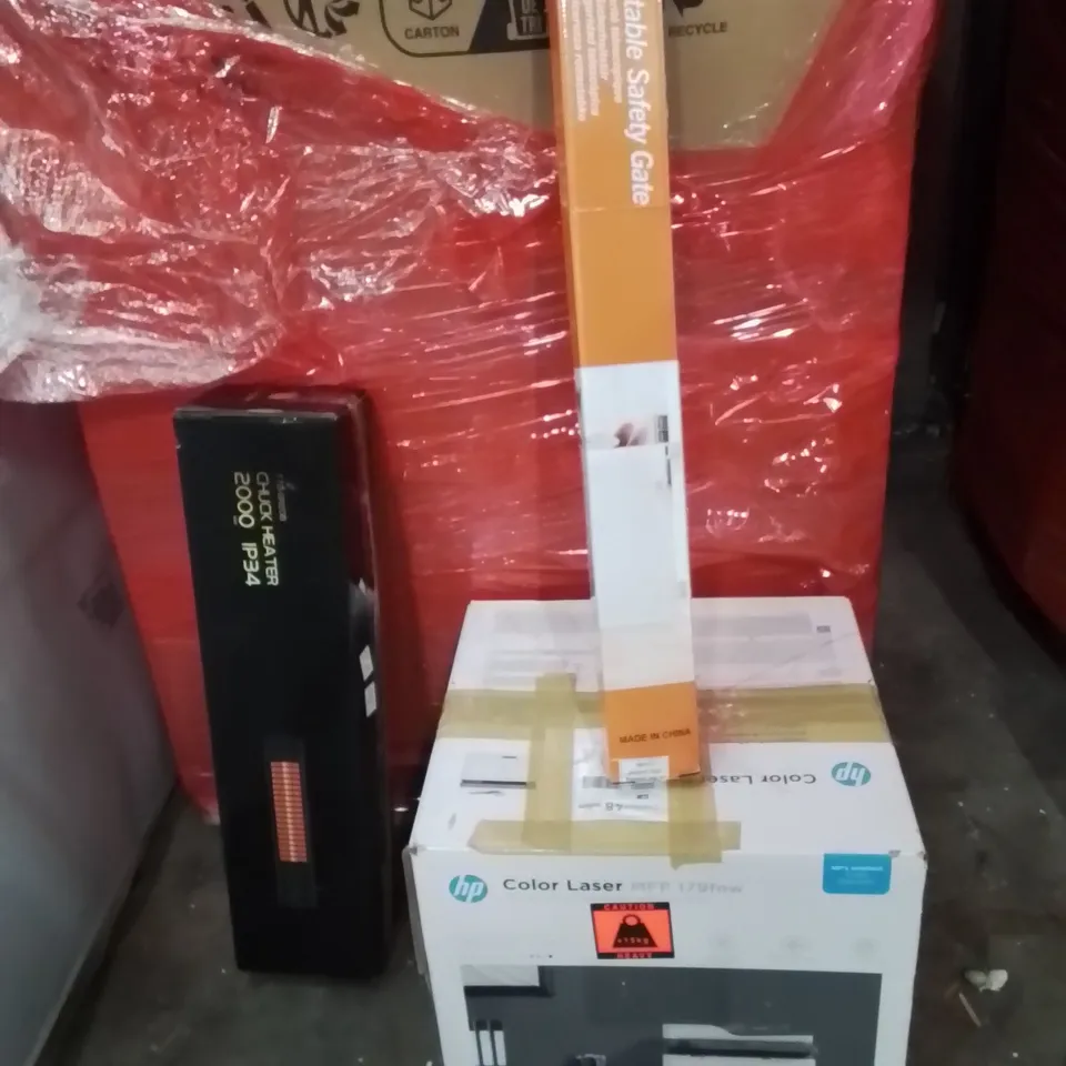 PALLET OF ASSORTED HOUSEHOLD GOODS AND PRODUCTS TO INCLUDE;LASER PRINTER,RETRACTABLE SAFETY GATE,CHUCK HEATER