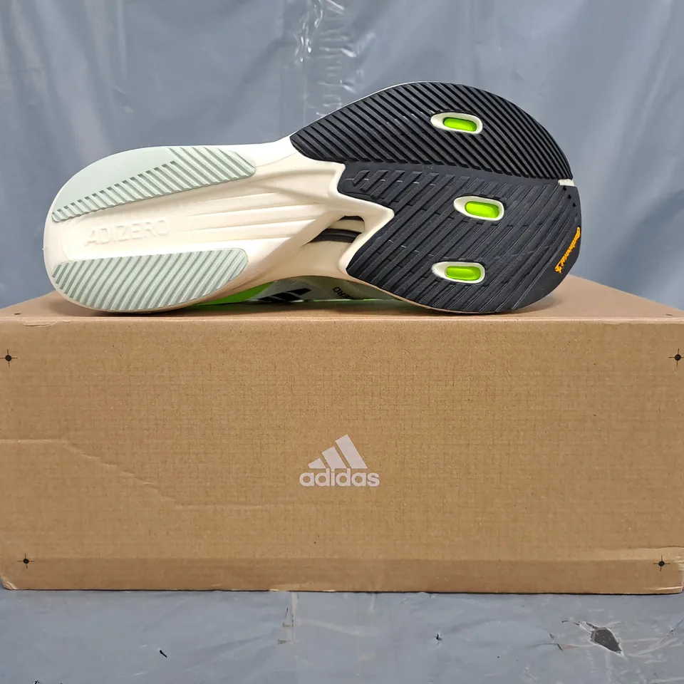 BOXED PAIR OF ADIDAS ADIZERO PRIME X SHOES IN GREEN/BLACK SIZE UK 5