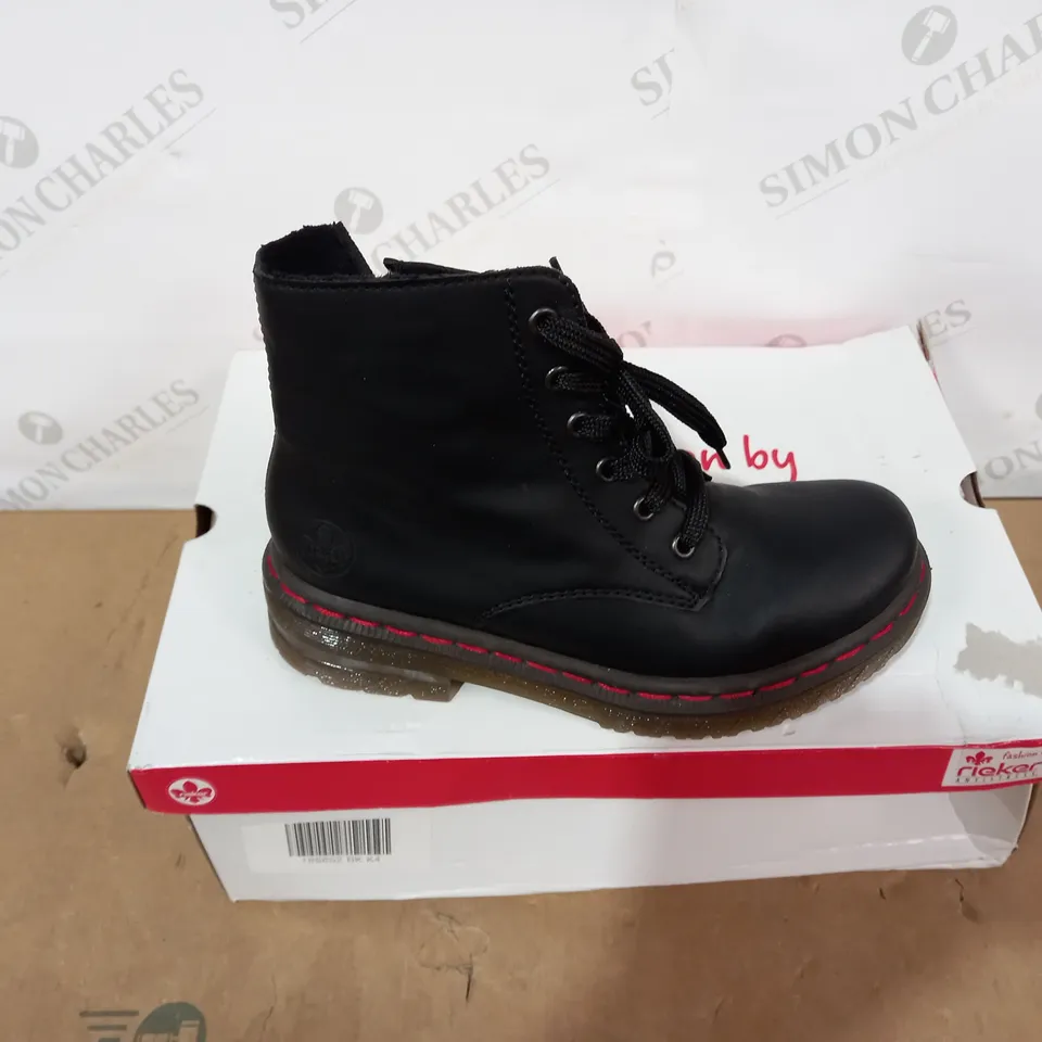 BOXED PAIR OF RIEKER BLACK BOOTS - SIZE 37