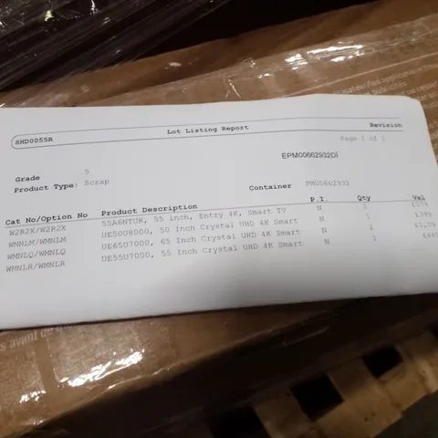 PALLET OF FIVE ASSORTED WAREHOUSE DAMAGED TV'S TO INCLUDE;
