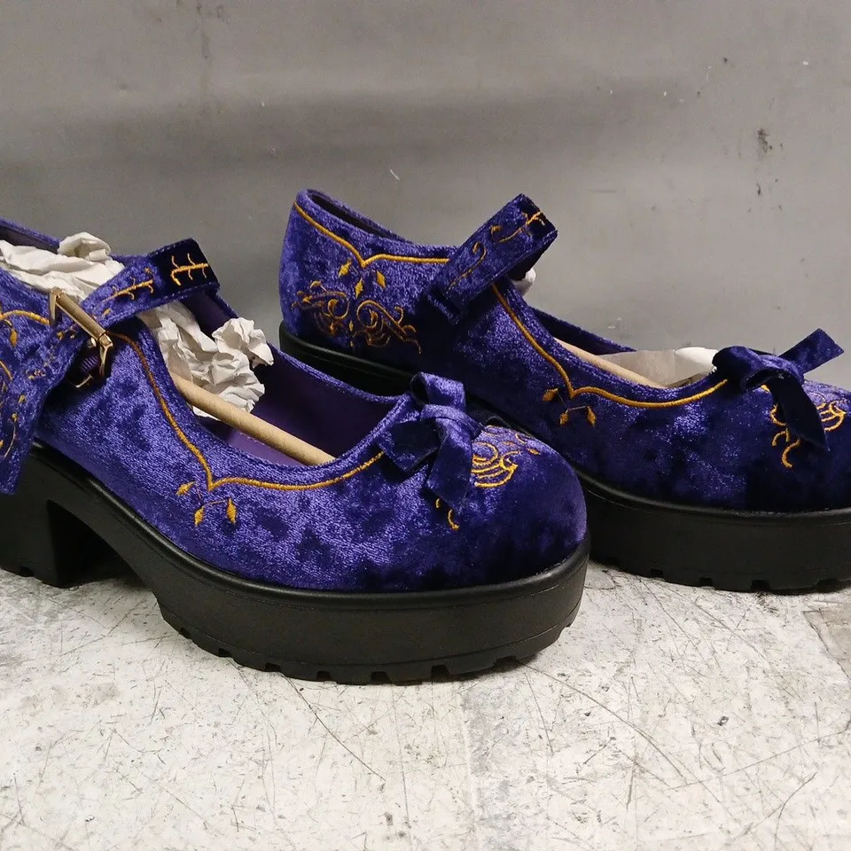 BOXED PAIR OF KOI TIRA VELVET MARY JANES ROYAL MANOR EDITION IN PURPLE SIZE UK 9
