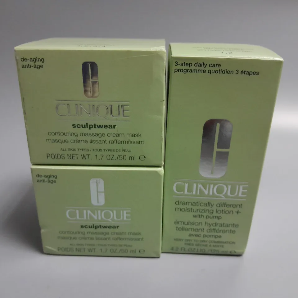 LOT OF 3 CLINIQUE BEAUTY ITEMS TO INCLUDE CONTOURING MASSAGE CREAM AND MOISTURIZING LOTION