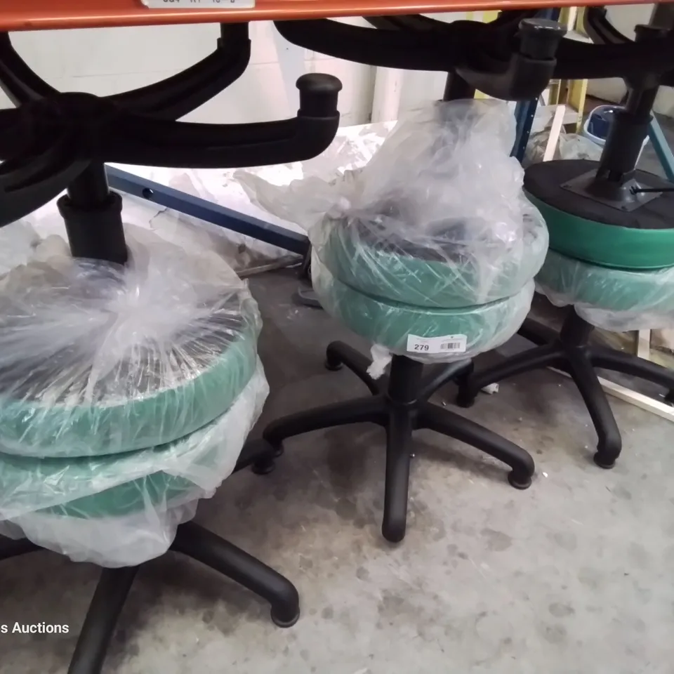 SIX HEIGHT ADJUSTABLE EXAMINATION STOOLS GREEN PU SEAT PADS
