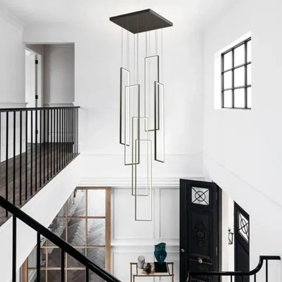 BOXED 6-LIGHT UNIQUE RECTANGLE LED DIMMABLE PENDANT LONG STAIRCASE CHANDELIER (1 BOX)