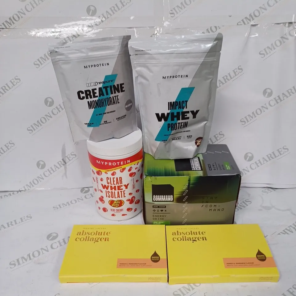 LOT TO CONTAIN 6 X ASSORTED BULKING, NUTRITION & ENERGY PRODUCTS. INCLUDES ENERGY DRINKS, WHEY POWDER, MARINE COLLAGEN SUPPLEMENTS ETC