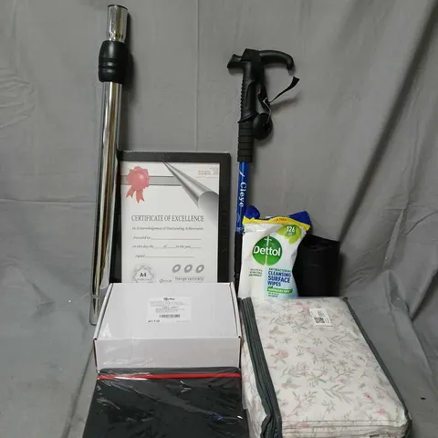APPROXIMATELY 20 ASSORTED HOUSEHOLD ITEMS TO INCLUDE WALKING STICK, DETTOL SURFACE WIPES, CERTIFICTE OF EXCELLENCE, ETC