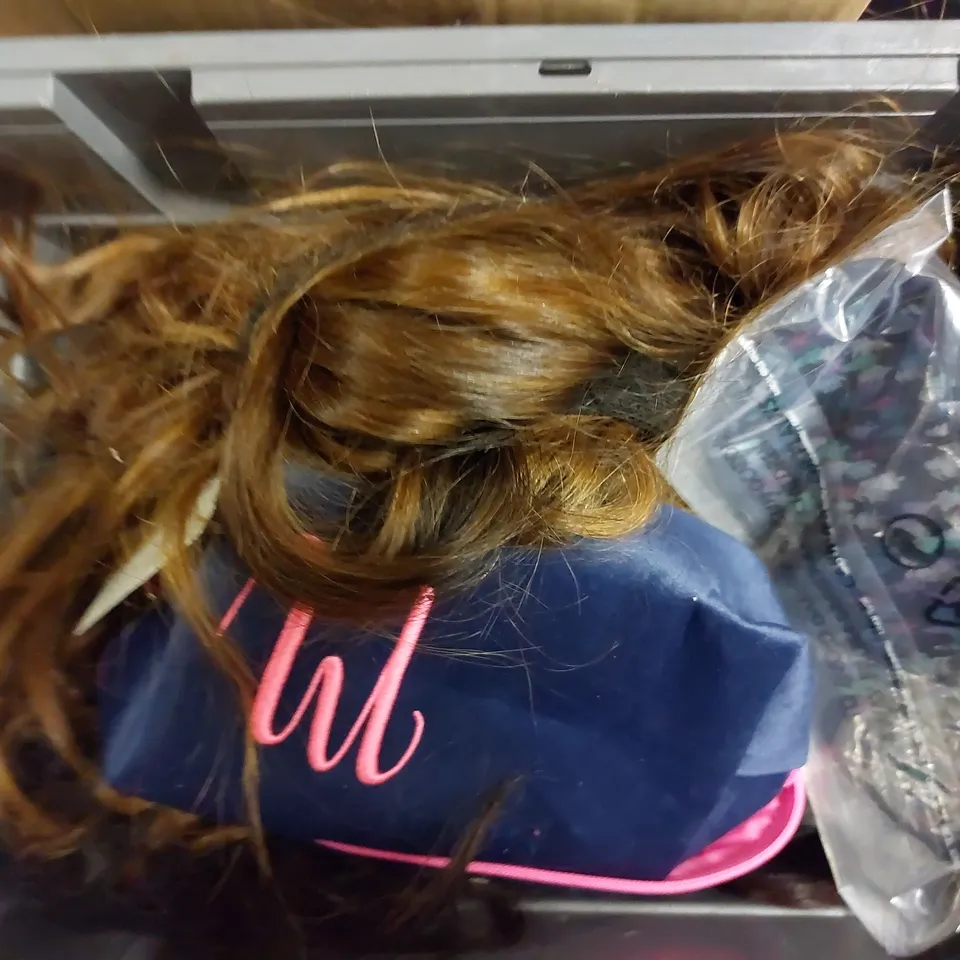 BOX OF APPROX 5 ITEMS TO INCLUDE HAIR BRUSH SET, WIG CAP AND ASSORTED HAIR EXTENSIONS/WIGS