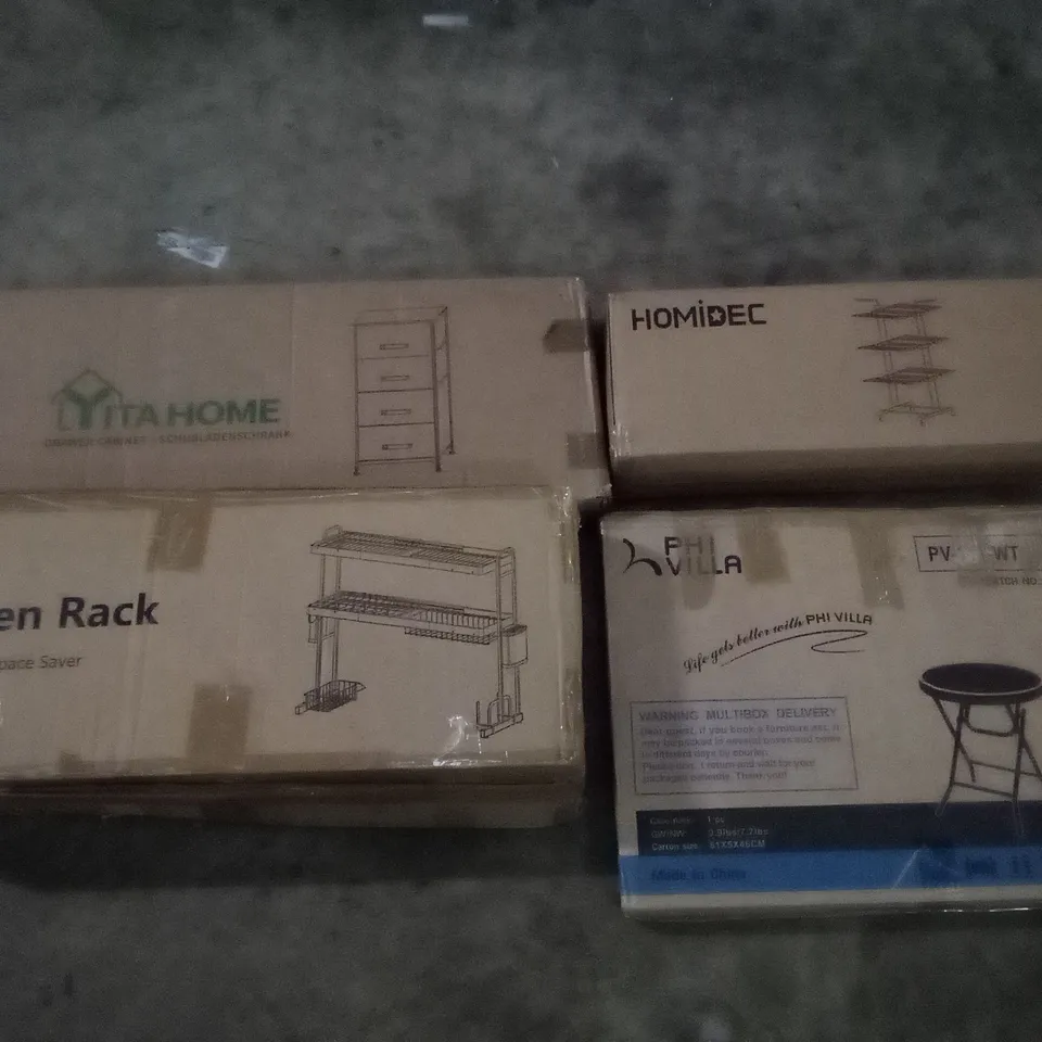 PALLET OF ASSORTED ITEMS INCLUDING HOMIDEC DRYING RACK, DRAWER CABINET, KITCHEN RACK, FOLDING STOOL, BAMBOO BATHROOM TROLLEY 