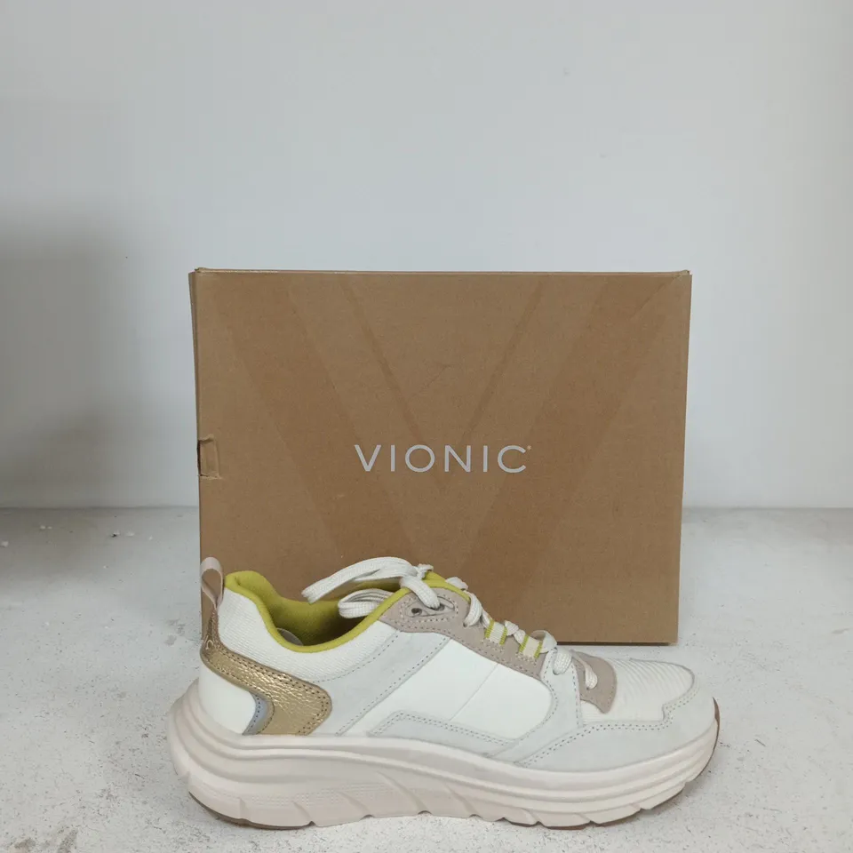 VIONIC WOMEN'S TRAINERS – WHITE/BEIGE WITH NEON YELLOW INTERIOR (BOXED) SIZE UK 7