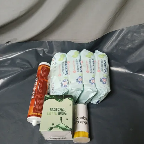 APPROXIMATELY 15 ASSORTED ITEMS TO INCLUDE BABY WIPES, MATCHA LATTE MUG, STOVESEAL ETC