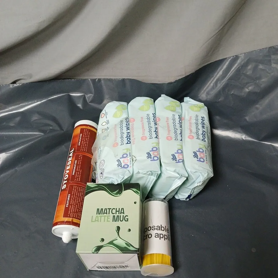 APPROXIMATELY 15 ASSORTED ITEMS TO INCLUDE BABY WIPES, MATCHA LATTE MUG, STOVESEAL ETC