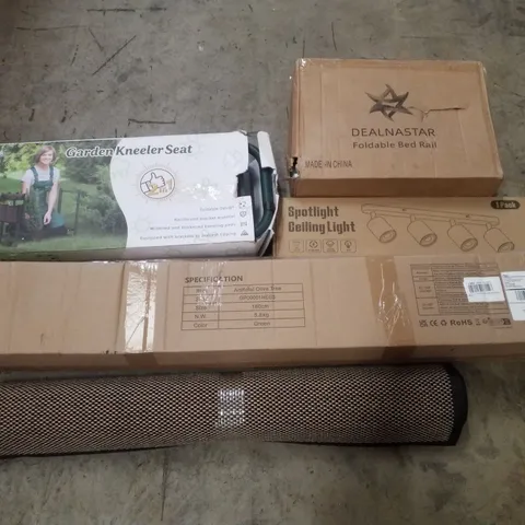 PALLET CONTAINING ASSORTED PRODUCTS INCLUDING GARDEN KNEELED SEAT, FOLDABLE BED RAIL, SPOTLIGHT CEILING LIGHT, ARTIFICIAL OLIVE TREE & RUG