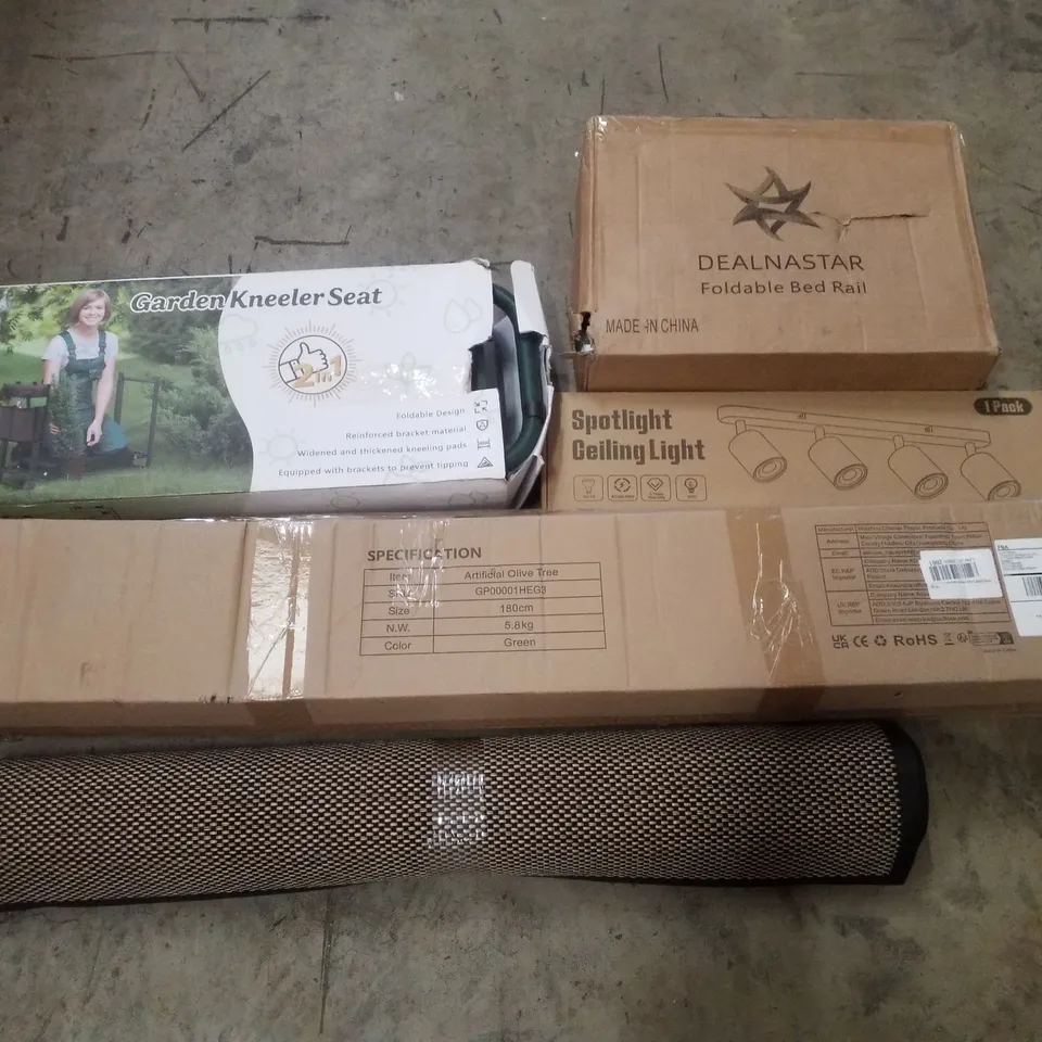 PALLET CONTAINING ASSORTED PRODUCTS INCLUDING GARDEN KNEELED SEAT, FOLDABLE BED RAIL, SPOTLIGHT CEILING LIGHT, ARTIFICIAL OLIVE TREE & RUG