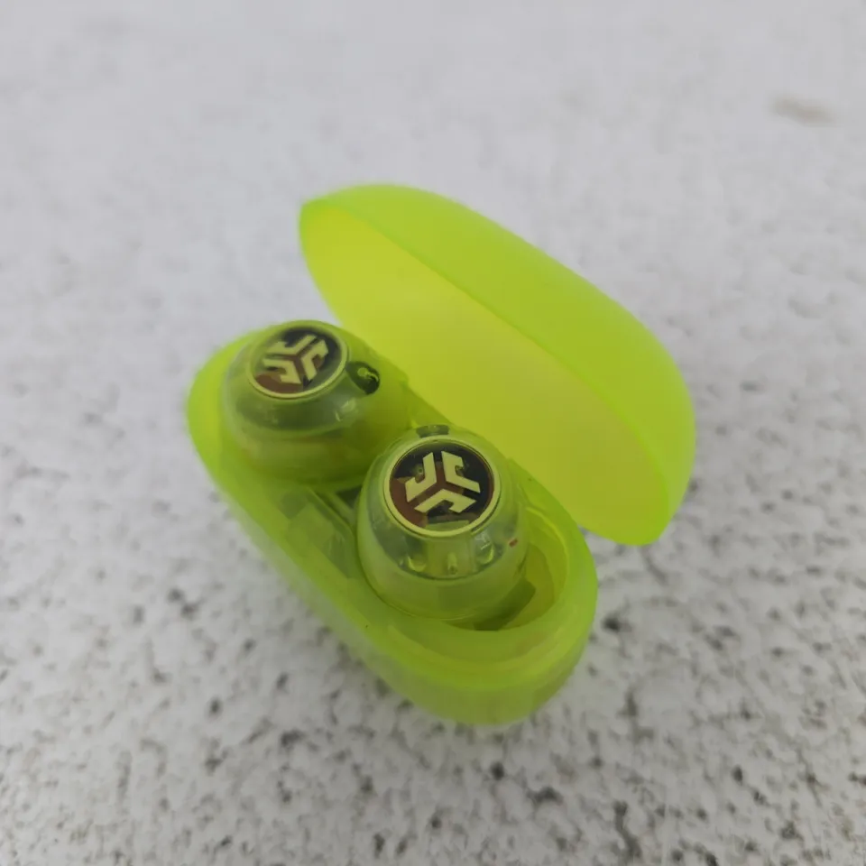 JLAB NEON GREEN WIRELESS EARBUDS IN CASE