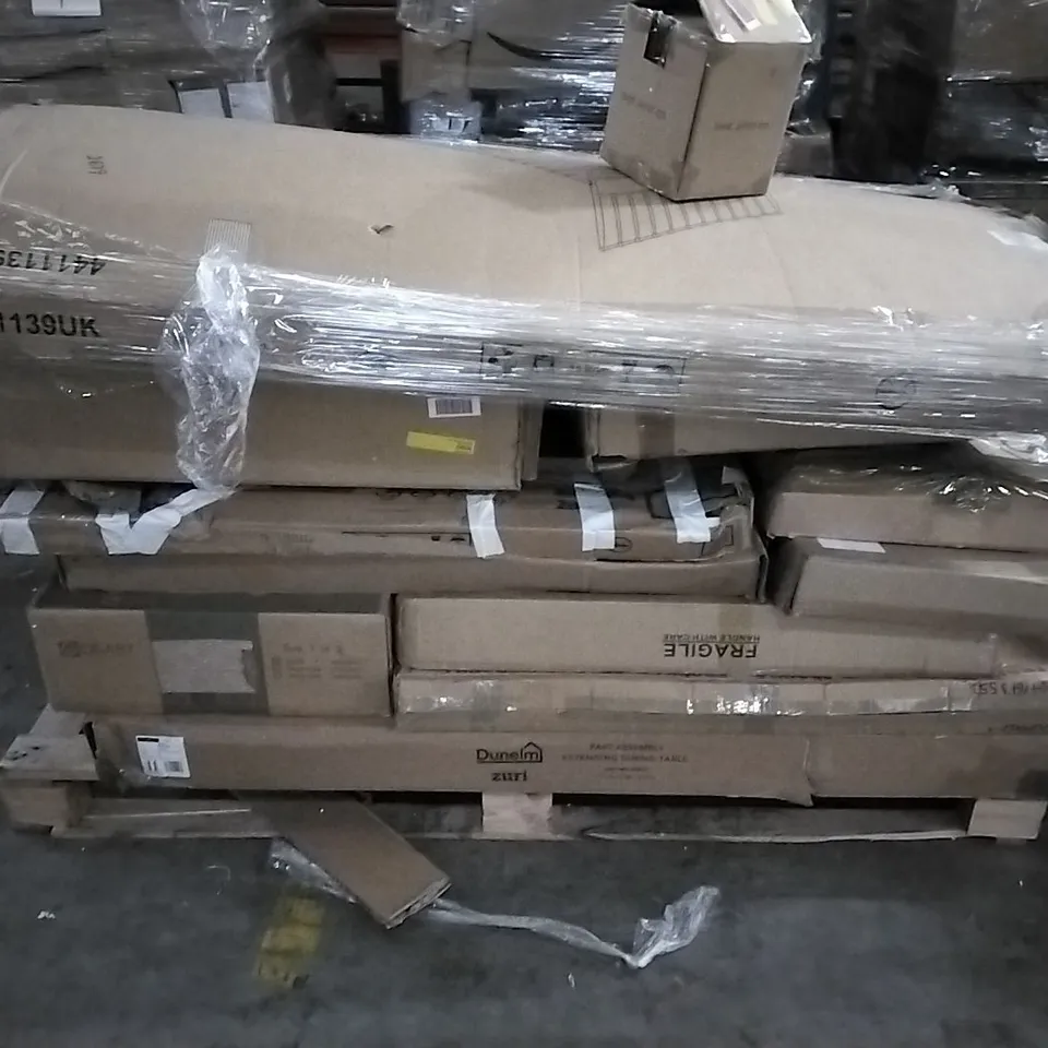 PALLET OF HOUSEHOLD ITEMS TO INCLUDE CHELSEA RADIATOR COVER, EXTENDING DINING TABLE AND 6 DRAWER CHEST ETC...
