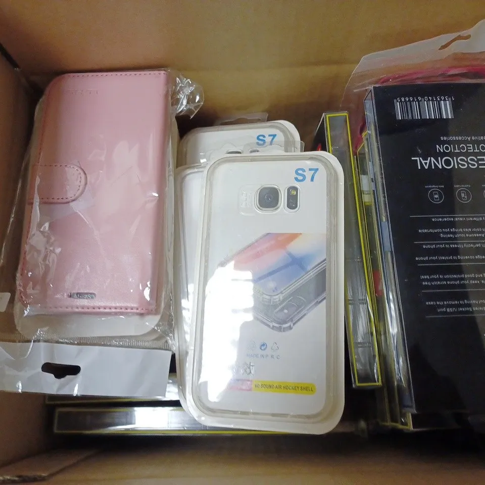 BOX OF APPROX 20 ASSORTED PHONE CASES TO INCLUDE - FASHION CASE IN BLACK - UNBRANDED S7 CASE - 6D SOUND AIR HOCKEY SHELL ECT