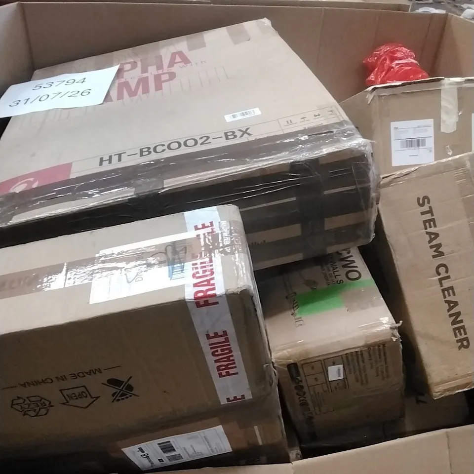 A PALLET CONTAINING ASSORTED HOUSEHOLD GOODS AND PRODUCTS TO INCLUDE; STEAM CLEANER, JET WASH, BOXED FURNITURE ETC