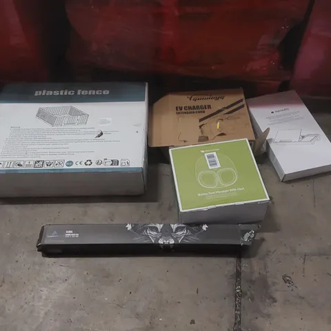 PALLET OF ASSORTED ITEMS TO INCLUDE: PLASTIC FENCE, FOOT MASSAGER, GAMING MOUSE PAD, EV CHARGER, LAPTOP DESK ECT