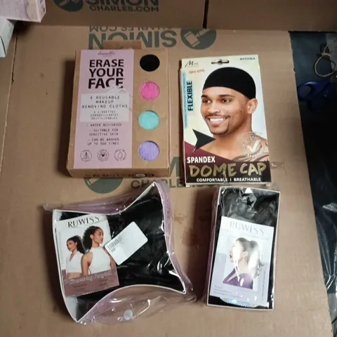 APPROXIMATELY 15 ASSORTED HEALTH & BEAUTY PRODUCTS TO INCLUDE DOME CAP, MAKEUP REMOVER CLOTHES, WIGS & PONYTAIL CLIP ONS ETC 