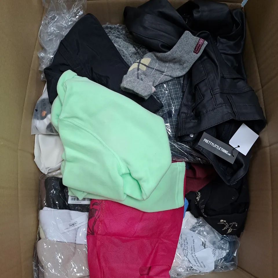 LARGE BOX OF ASSORTED CLOTHING ITEMS IN VARIOUS COLOURS AND SIZES INCLUDING TROUSERS , TOPS AND JUMPERS 