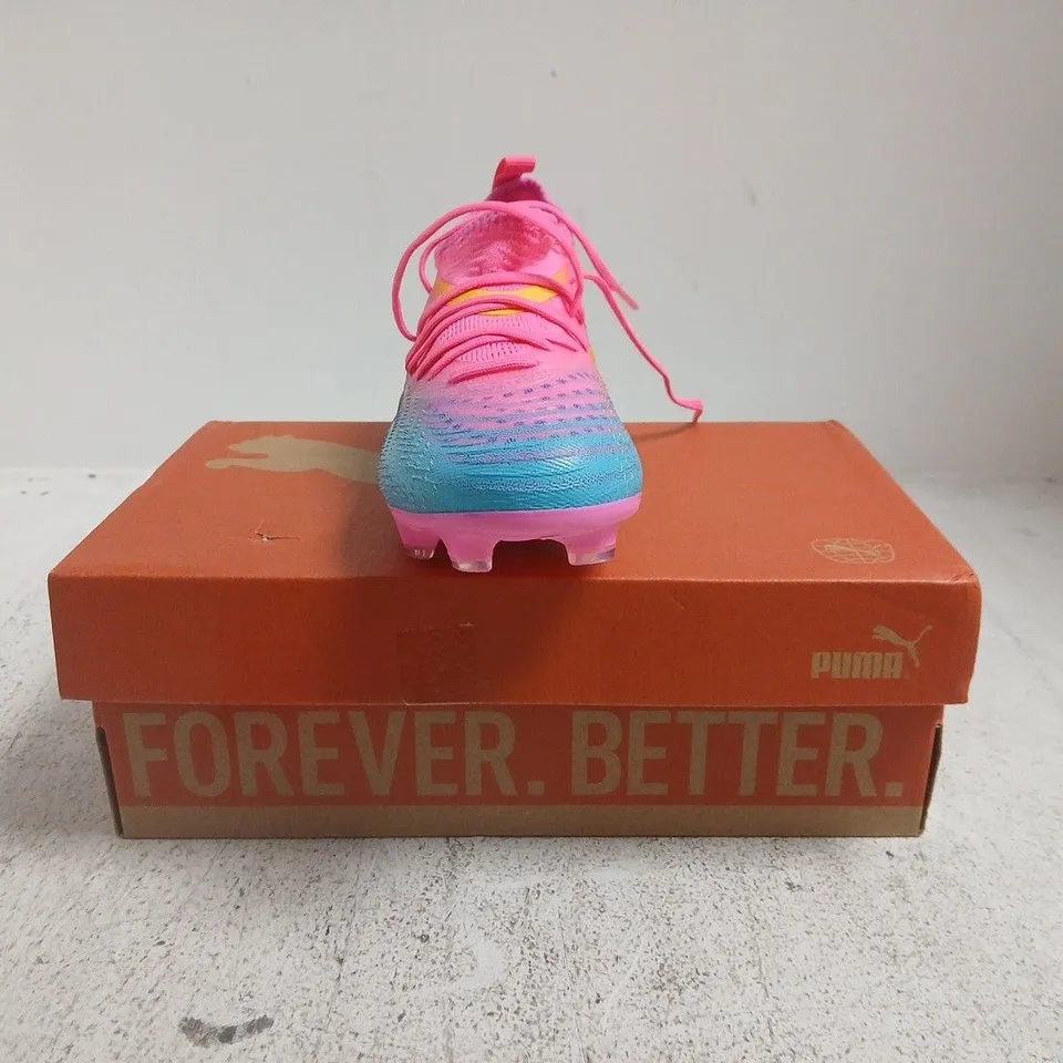 BOXED PAIR OF PUMA KIDS FUTURE 9 MATCH FOOTBALL BOOTS IN PINK/BLUE/ORANGE SIZE UK 1