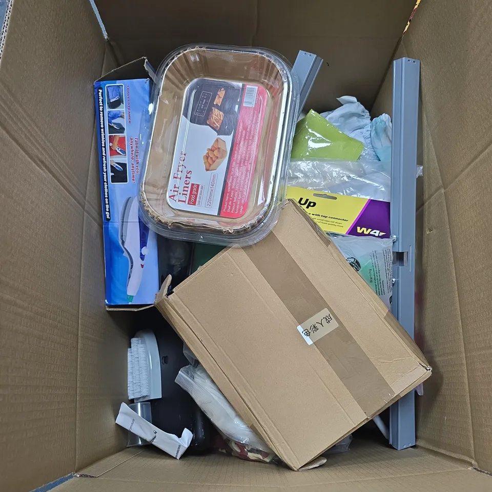BOX OF APPROXIMATELY 12 ASSORTED HOUSEHOLD ITEMS INCLUDING AIR FRYER LINERS , TRAVEL STEAMER AND CLOUDY DAY TOWEL 