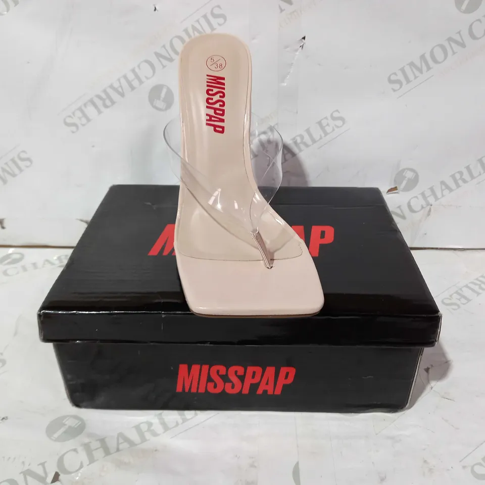 BOXED PAIR OF MISSAP CLEAR STRAP HEELED SANDALS IN NUDE UK SIZE 5
