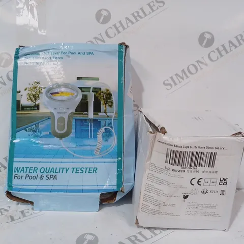 BOX OF APPROXIMATELY 20 ASSORTED HOUSEHOLD ITEMS TO INCLUDE WATER QULITY TESTER, CERAMIC BLUE SAUCE CUPS, ETC