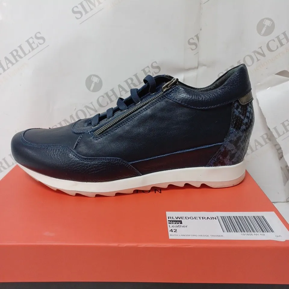 BOXED RUTH LANGSFORD WEDGE TRAINERS, NAVY - SIZE 9 