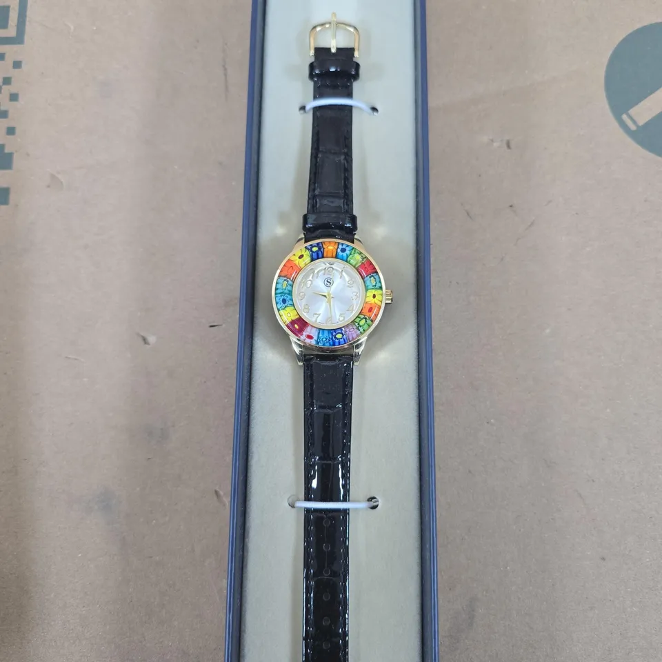 STRADA RAINBOW BEZEL WRISTWATCH WITH BLACK LEATHER STRAP – BOXED