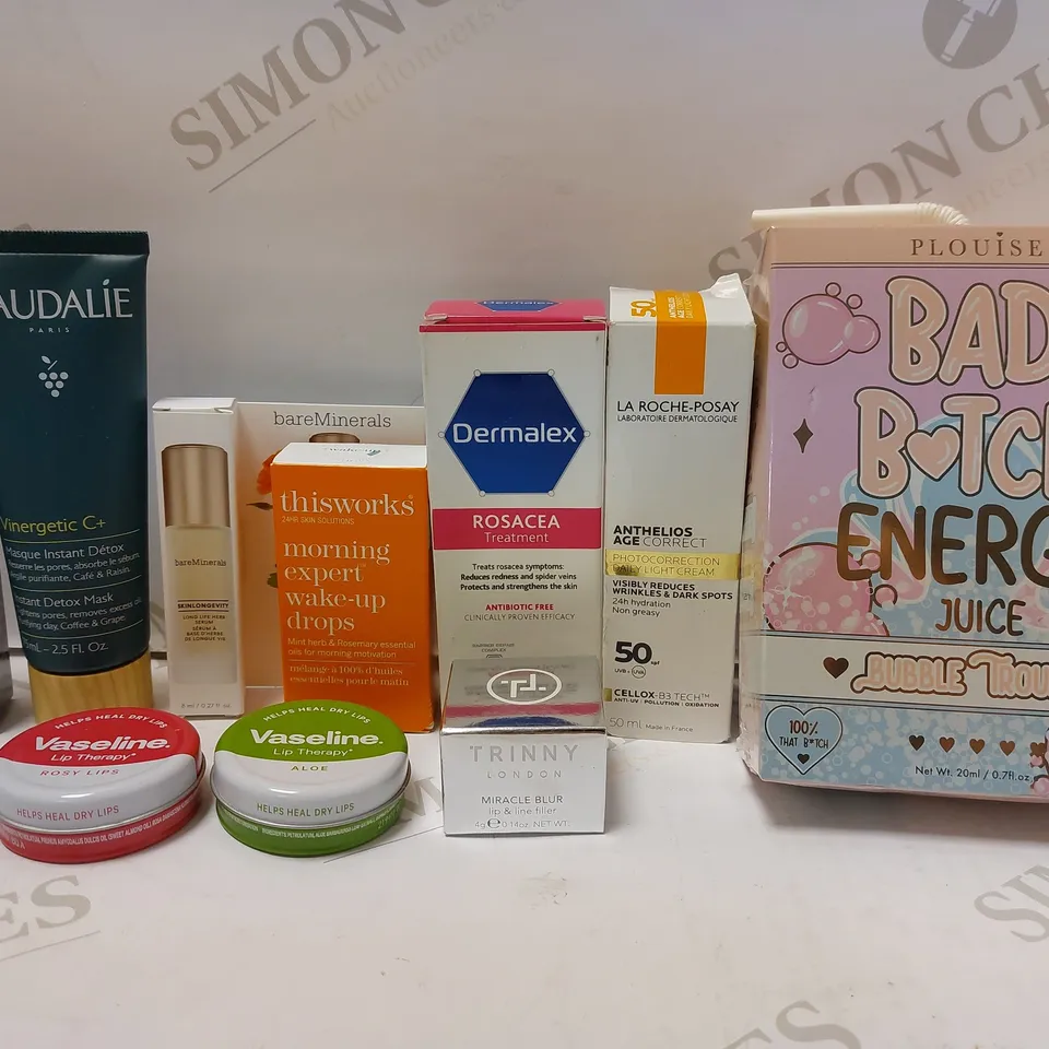 LOT OF APPROX 10 ASSORTED SKINCARE PRODUCTS TO INCLUDE CAUDALIE MASQUE INSTANT DETOX, DERMALEX ROSACEA TREATMENT, TRINNY LONDON MIRACLE BLUR, ETC 