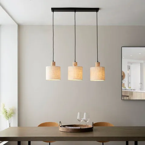 BOXED DURBAN LINEAR CEILING PENDANT LIGHT WITH WOODEN DETAIL AND LINEN SHADE