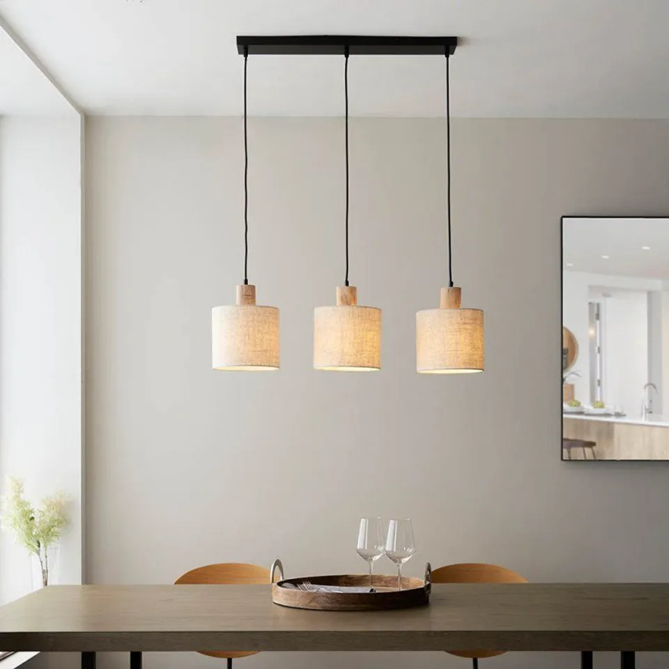 BOXED DURBAN LINEAR CEILING PENDANT LIGHT WITH WOODEN DETAIL AND LINEN SHADE