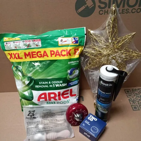 APPROXIMATELY 12 ASSORTED HOUSEHOLD ITEMS TO INCLUDE ARIEL XXL MEGA PACK, BOSTIK DECK CAULK, TWO GO AIR UP POD CASE, ETC